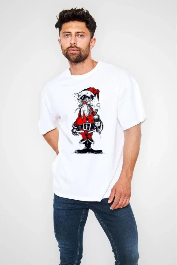 Gucso Erkek Bisiklet Yaka Mutsu Noel Baba Baskılı Oversize T-Shirt - Beyaz