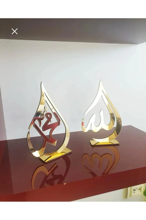 YALOVA SHOP Damla Motifli Ayaklı ALLAH (c.c.) Ve Hz.Muhammed (sav) Lafzı Gold Ayna Pleksi Standlı ürün görseli 1