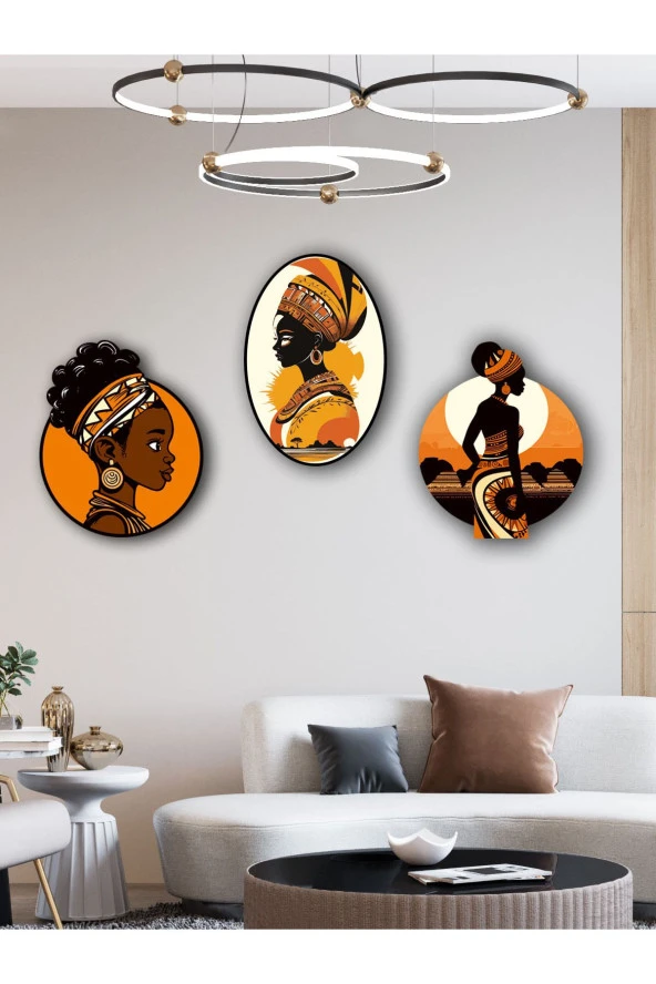 YALOVA SHOP Dekoratif Afro Temalı 3 lü Tablo Seti Çalışması