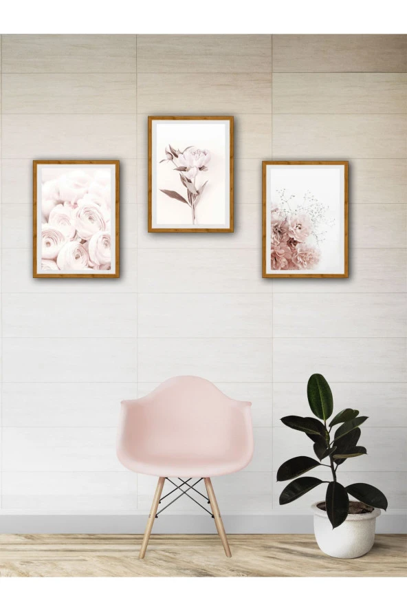 YALOVA SHOP Dekoratif Soft Pembe Çiçekler 3 lü Tablo Seti - Resim 4
