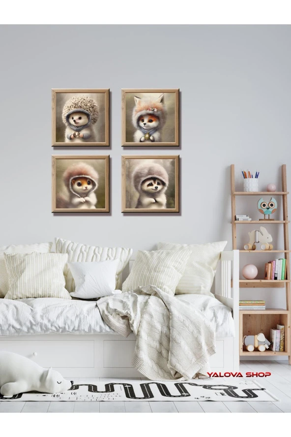 HYL Sevimli Hayvan Yavruları 4'lü Kare, Boho Çocuk Odası , Tilki, Rakun, Sincap, Kirpi, Orman Hayvanları - Resim 3