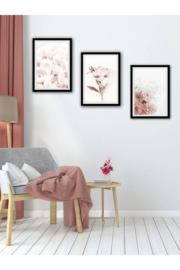 YALOVA SHOP Dekoratif Soft Pembe Çiçekler 3 lü Tablo Seti - 3