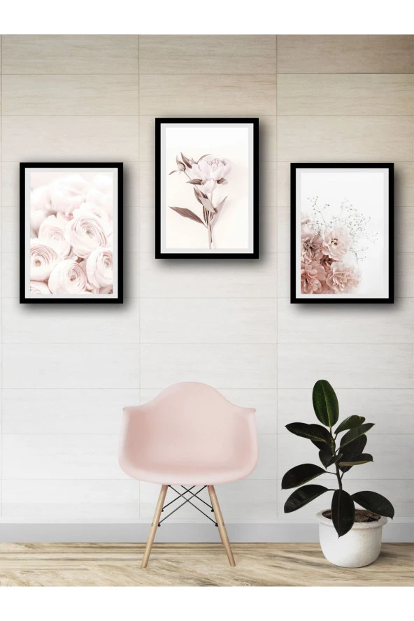 YALOVA SHOP Dekoratif Soft Pembe Çiçekler 3 lü Tablo Seti - 4