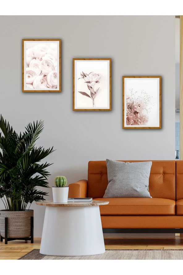 YALOVA SHOP Dekoratif Soft Pembe Çiçekler 3 lü Tablo Seti ürün görseli 1