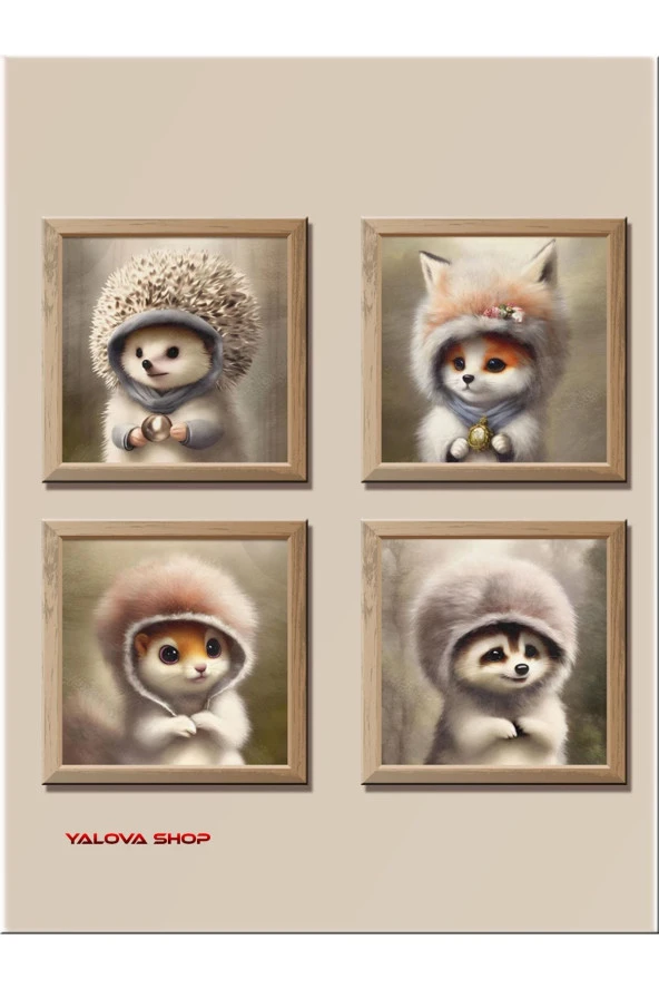 HYL Sevimli Hayvan Yavruları 4'lü Kare, Boho Çocuk Odası , Tilki, Rakun, Sincap, Kirpi, Orman Hayvanları ürün görseli 1