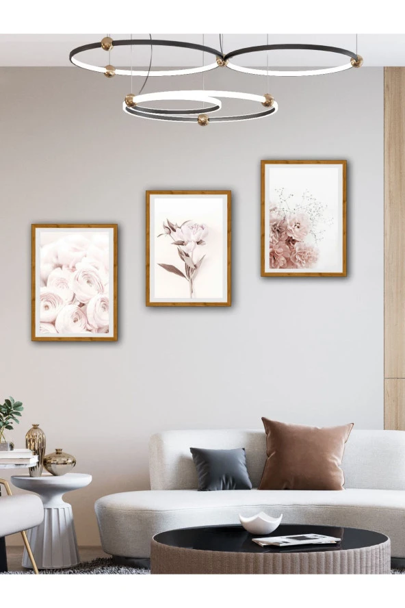 YALOVA SHOP Dekoratif Soft Pembe Çiçekler 3 lü Tablo Seti - Resim 3