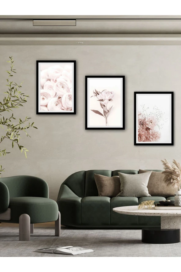 YALOVA SHOP Dekoratif Soft Pembe Çiçekler 3 lü Tablo Seti - 2