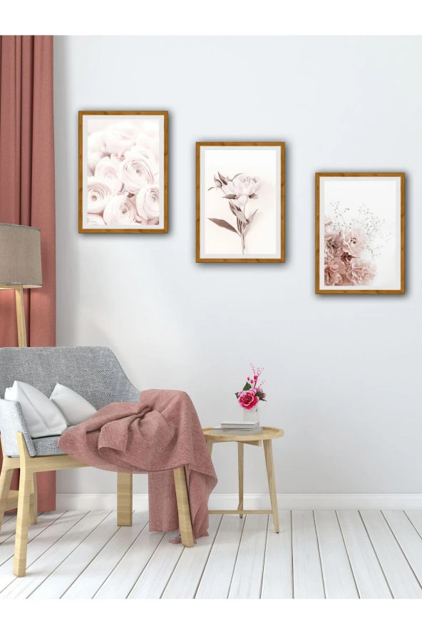 YALOVA SHOP Dekoratif Soft Pembe Çiçekler 3 lü Tablo Seti - 2