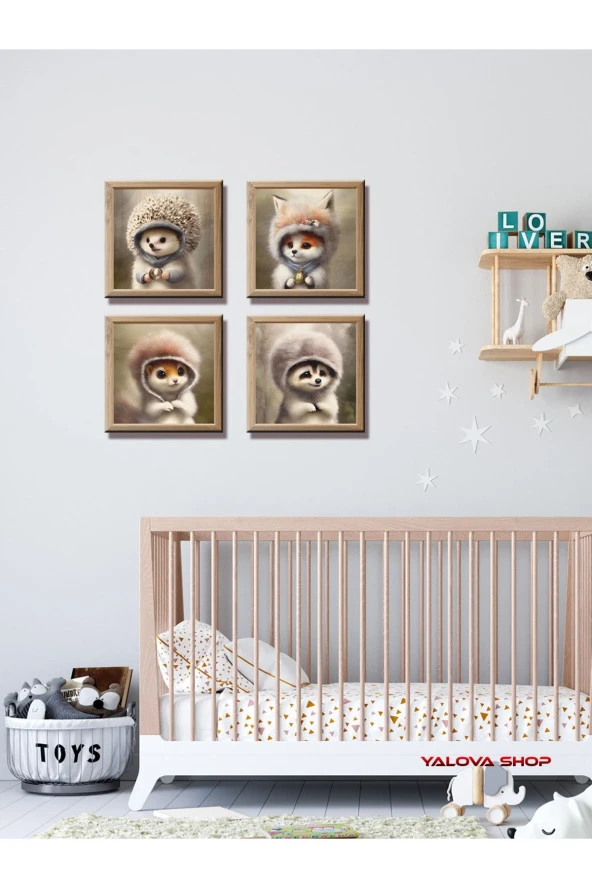 HYL Sevimli Hayvan Yavruları 4'lü Kare, Boho Çocuk Odası , Tilki, Rakun, Sincap, Kirpi, Orman Hayvanları - Resim 2