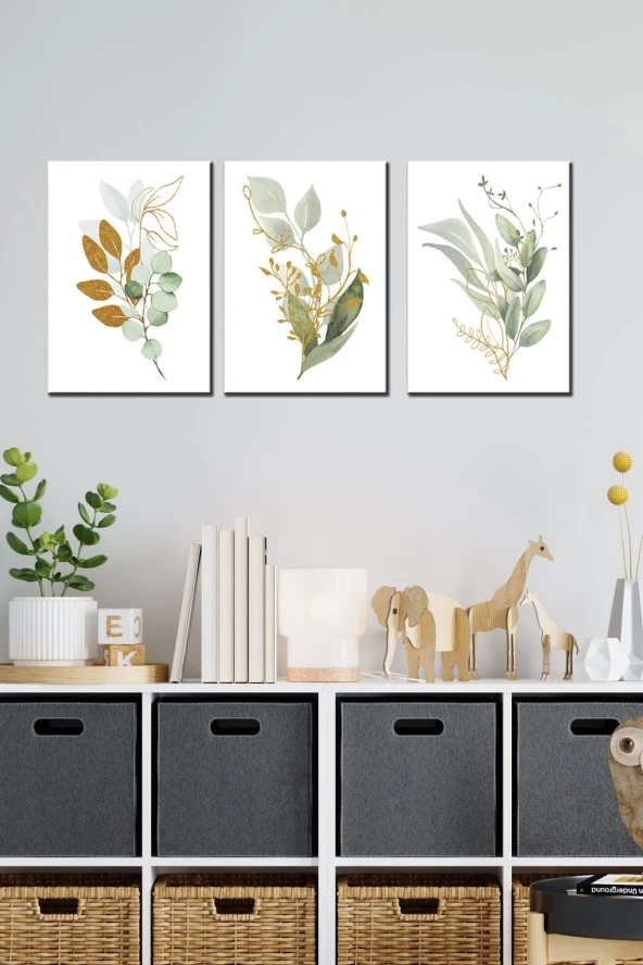 GİZEM SHOP Yeşil Çiçekler Art 3 Parça Modern Duvar Tablosu Yüksek Çözünürlük Uv Baskı Tekniği 40x30 - 5