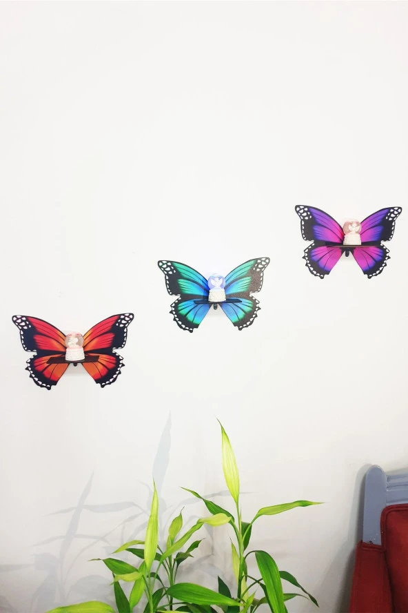 KEMSON Dekoratif Uv Baskı Kelebek Figürlü Duvar Rafı Mumluk Bibloluk Lazer Kesim ürün görseli 1