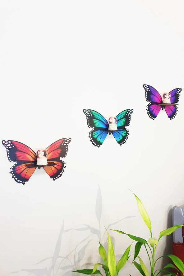 KEMSON Dekoratif Uv Baskı Kelebek Figürlü Duvar Rafı Mumluk Bibloluk Lazer Kesim - Resim 2