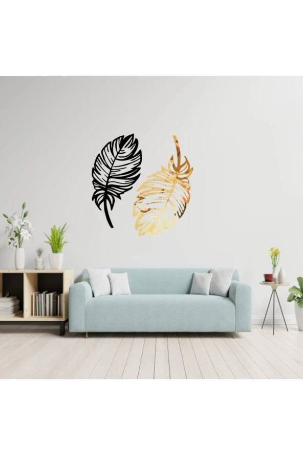 GİZEM SHOP Dekoratif Kuş Tüyü Ikili Set Lazer Kesim Gold-siyah