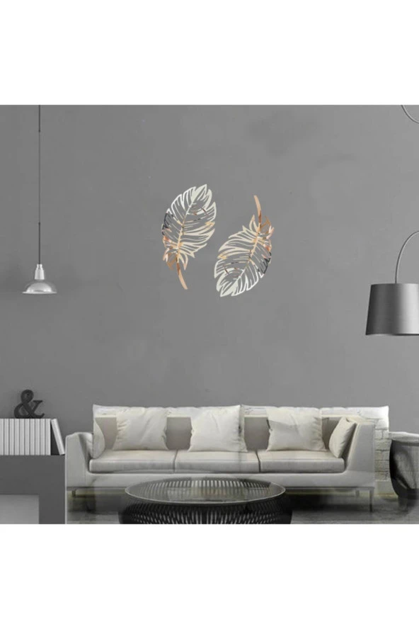 GİZEM SHOP Dekoratif Kuş Tüyü Ikili Set Lazer Kesim Gümüş