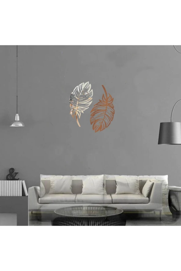 GİZEM SHOP Dekoratif Kuş Tüyü Ikili Set Lazer Kesim Gümüş - Ceviz