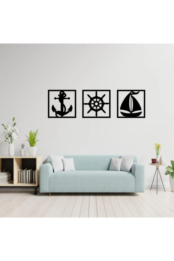 GİZEM SHOP Dekoratif Çapa Dümen Yelkenli Tablo Seti Lazer Kesim Siyah - Resim 4