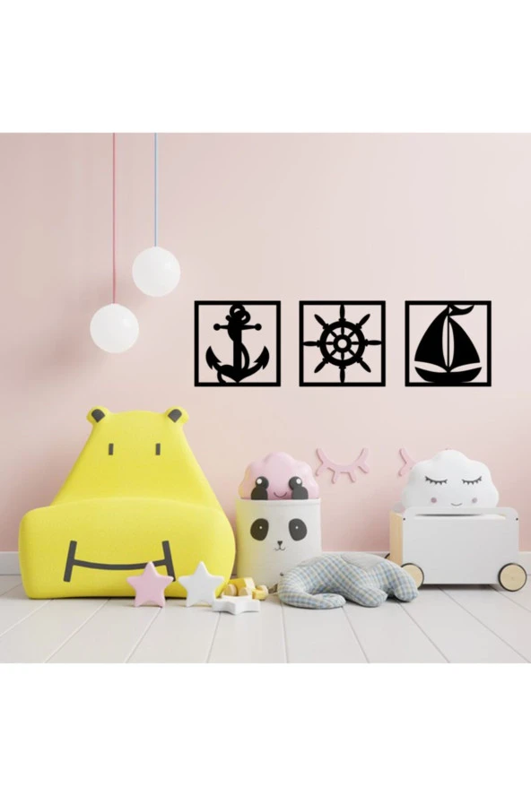 GİZEM SHOP Dekoratif Çapa Dümen Yelkenli Tablo Seti Lazer Kesim Siyah - Resim 5