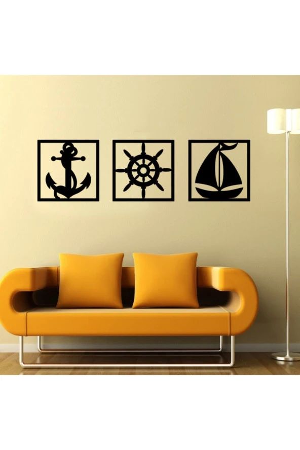 GİZEM SHOP Dekoratif Çapa Dümen Yelkenli Tablo Seti Lazer Kesim Siyah - Resim 6