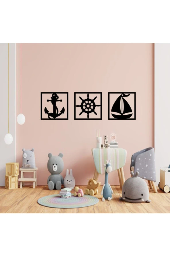 GİZEM SHOP Dekoratif Çapa Dümen Yelkenli Tablo Seti Lazer Kesim Siyah - Resim 7