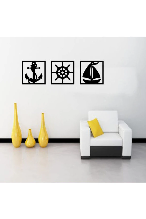 GİZEM SHOP Dekoratif Çapa Dümen Yelkenli Tablo Seti Lazer Kesim Siyah - Resim 8