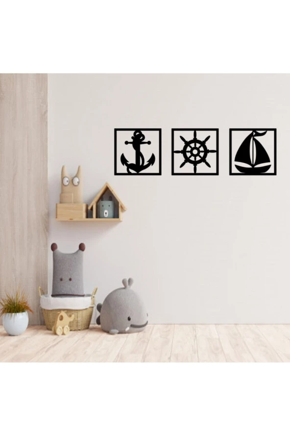 GİZEM SHOP Dekoratif Çapa Dümen Yelkenli Tablo Seti Lazer Kesim Siyah ürün görseli 1
