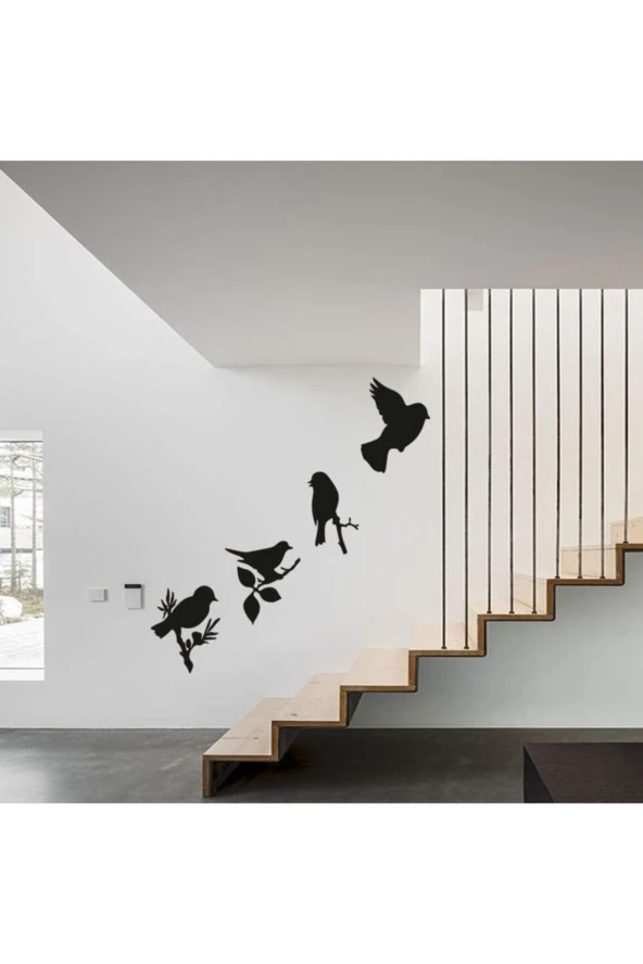 HYL Daldaki Kuşlar Duvar Süsü Dekoratif Ahşap Lazer Kesim Siyah - Resim 3