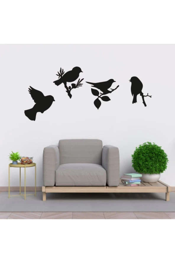HYL Daldaki Kuşlar Duvar Süsü Dekoratif Ahşap Lazer Kesim Siyah - Resim 4
