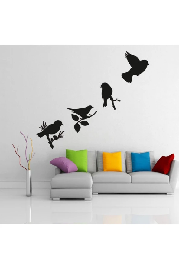 HYL Daldaki Kuşlar Duvar Süsü Dekoratif Ahşap Lazer Kesim Siyah - Resim 5