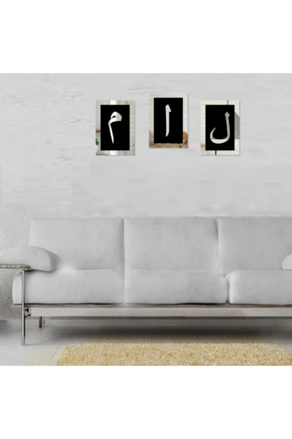 HYL Elif Lam Mim Gümüş Ayna Pleksi Duvar Tablo Seti Gümüş - Resim 3