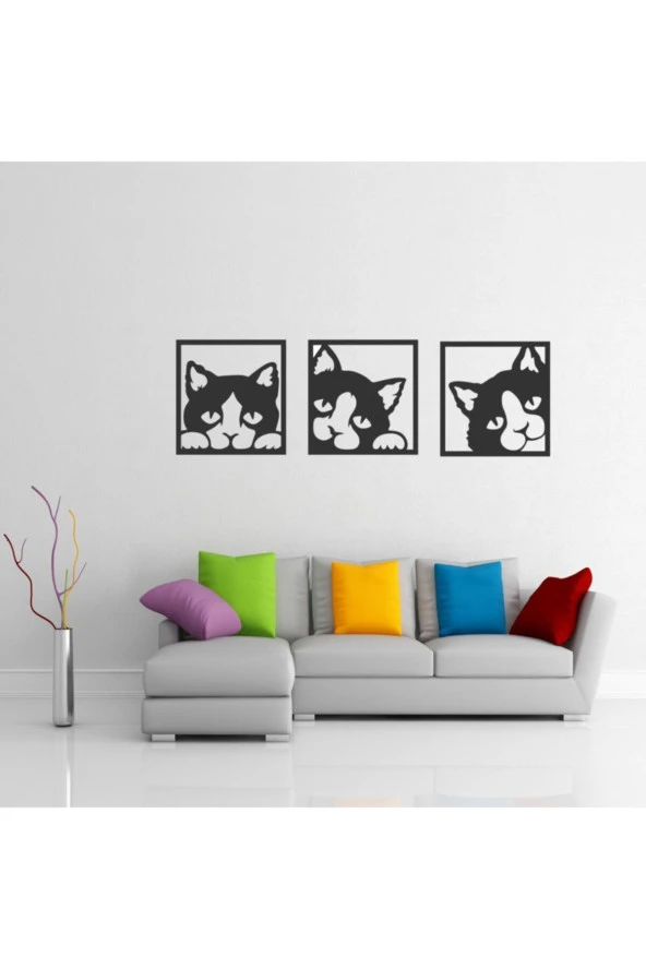 GİZEM SHOP Kedicikler Duvar Dekorusevimli Kediler Duvar Süsü, Ahşap Lazer Kesim Dekoratif Tablo Siyah 39x39 - Resim 3