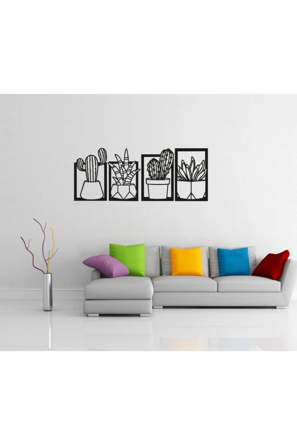 HYL Kaktüsler Dörtlü Set Duvar Dekoru, Duvar Süsü, Ahşap Lazer Kesim Dekoratif Tablo Siyah. - Resim 6