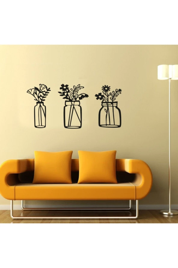 GİZEM SHOP Bahar Çiçekleri Üçlü Set Duvar Dekoru Kavanoz Duvar Süsü, Ahşap Lazer Kesim Dekoratif Tablo Siyah - Resim 3