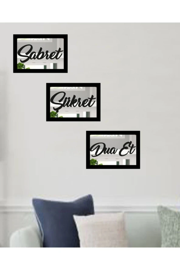 GİZEM SHOP 3d Sabret Şükret Dua Et 3'lü Set Gümüş Ayna (26*16) Gümüş - Resim 3