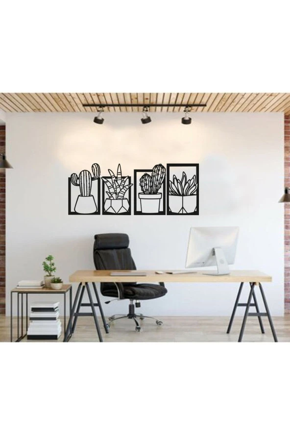 HYL Kaktüsler Dörtlü Set Duvar Dekoru, Duvar Süsü, Ahşap Lazer Kesim Dekoratif Tablo Siyah. - Resim 3