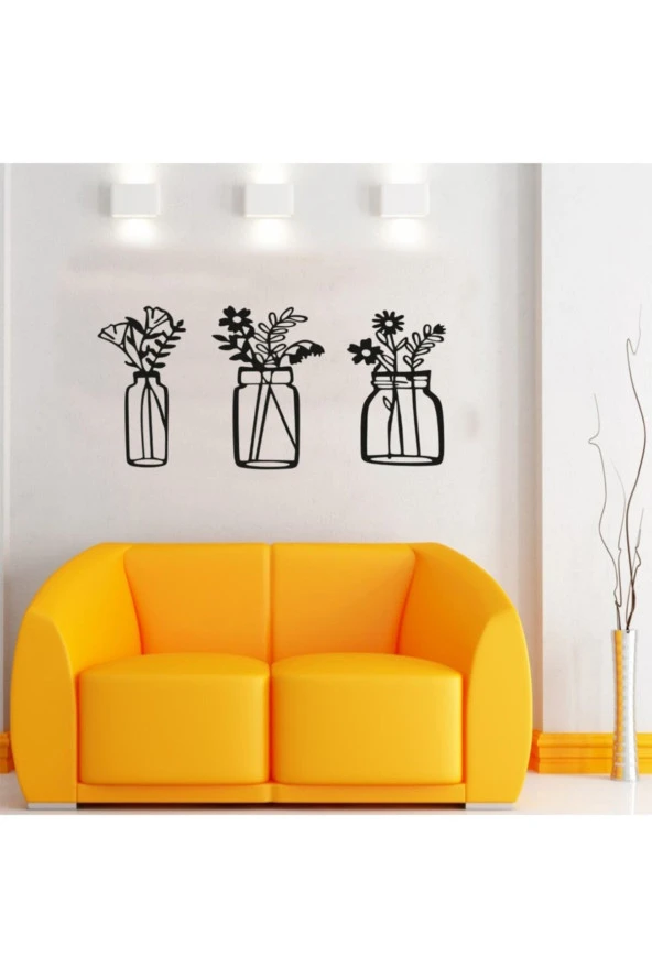 GİZEM SHOP Bahar Çiçekleri Üçlü Set Duvar Dekoru Kavanoz Duvar Süsü, Ahşap Lazer Kesim Dekoratif Tablo Siyah ürün görseli 1