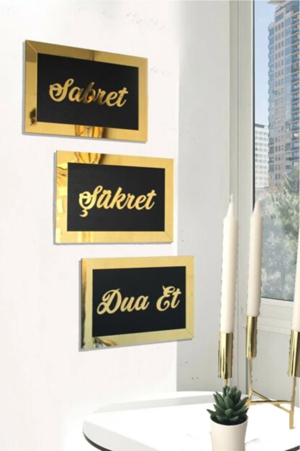 GİZEM SHOP 3d Sabret Şükret Dua Et 3'lü Set (26*16) Gold ürün görseli 1