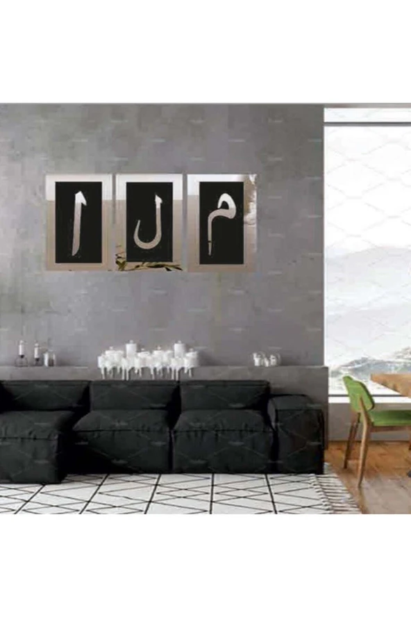 HYL Elif Lam Mim Gümüş Ayna Pleksi Duvar Tablo Seti Gümüş - Resim 2