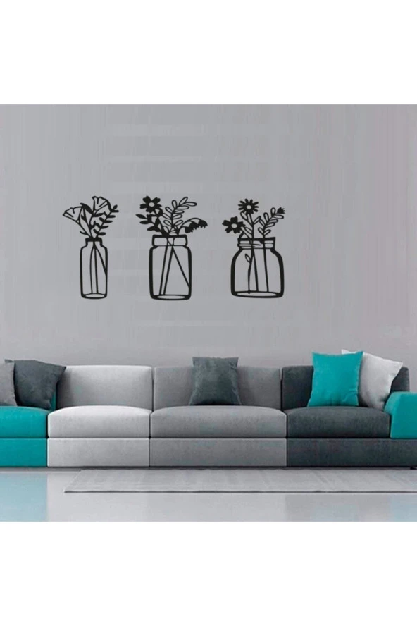 GİZEM SHOP Bahar Çiçekleri Üçlü Set Duvar Dekoru Kavanoz Duvar Süsü, Ahşap Lazer Kesim Dekoratif Tablo Siyah - Resim 2