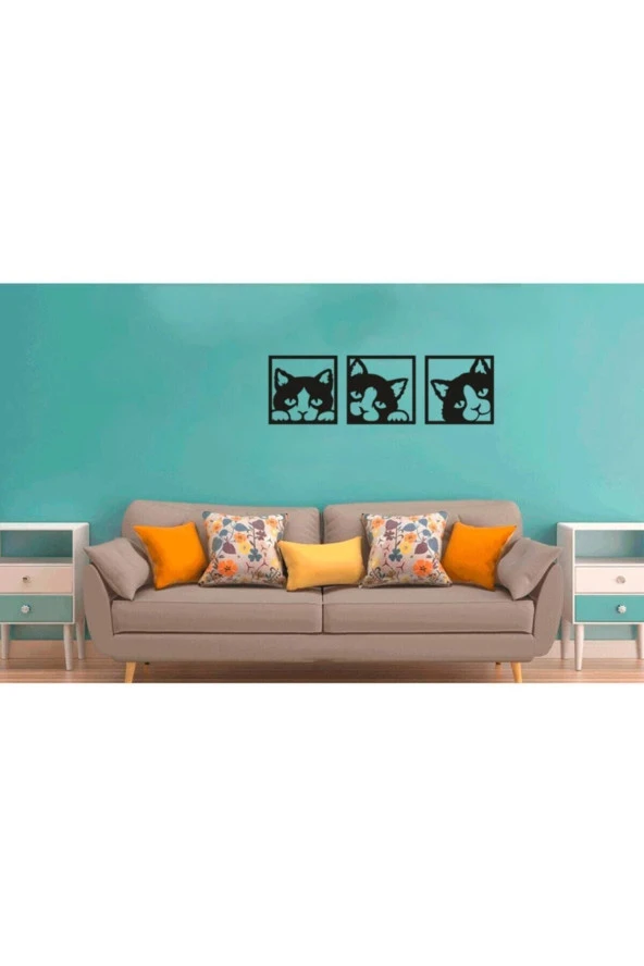 Odun Marketi 3lü Kedi Ahşap Dekoratif Duvar Tablosu 30x30 Cm - Resim 2