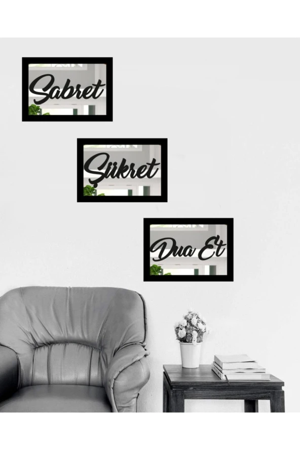 GİZEM SHOP 3d Sabret Şükret Dua Et 3'lü Set Gümüş Ayna (26*16) Gümüş - Resim 2