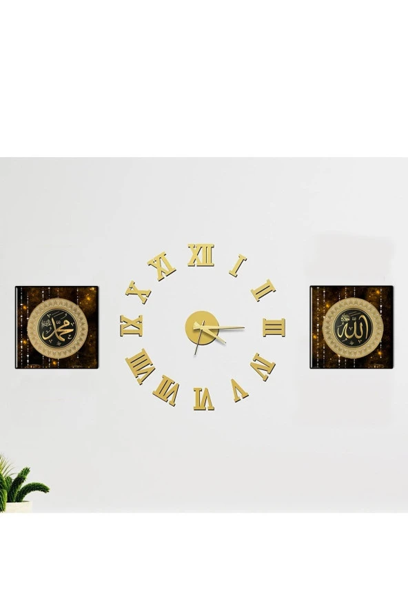 GİZEM SHOP Büyük Boy 3d Roma Gold Duvar Saati Ve Uv Tablo Set - 4