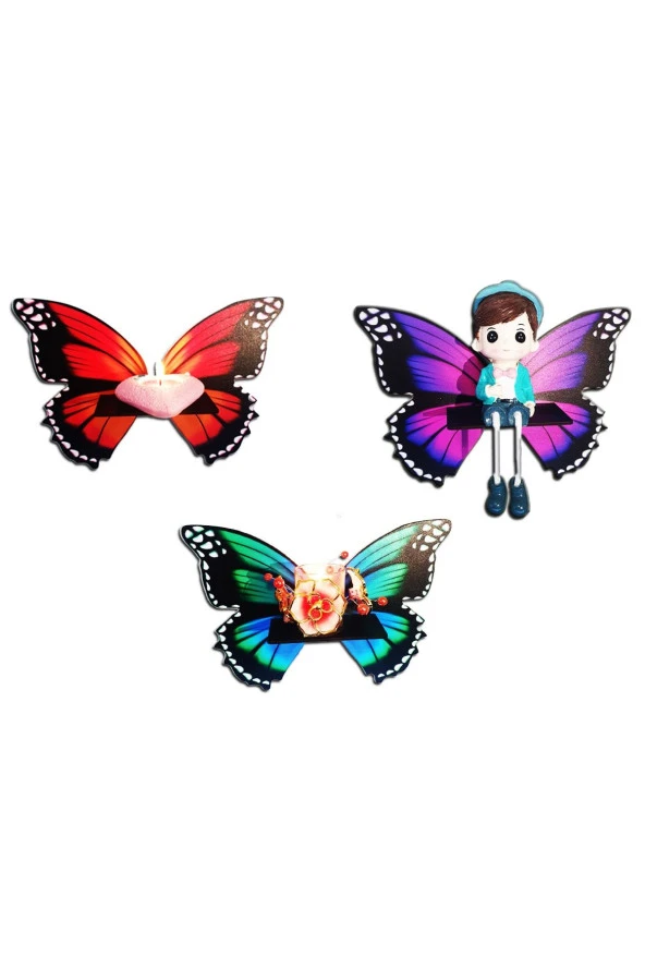 KEMSON Uv Baskı Dekoratif Kelebek Figürlü Duvar Rafı Mumluk Bibloluk Lazer Kesim - 6