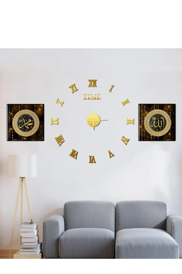 GİZEM SHOP Büyük Boy 3d Roma Gold Duvar Saati Ve Uv Tablo Set - 3