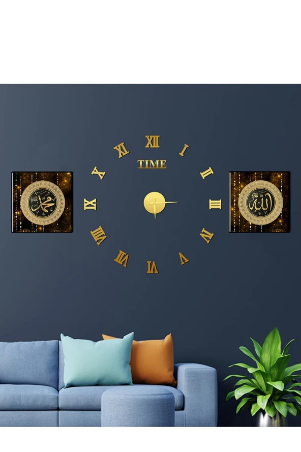 GİZEM SHOP Büyük Boy 3d Roma Gold Duvar Saati Ve Uv Tablo Set - 2