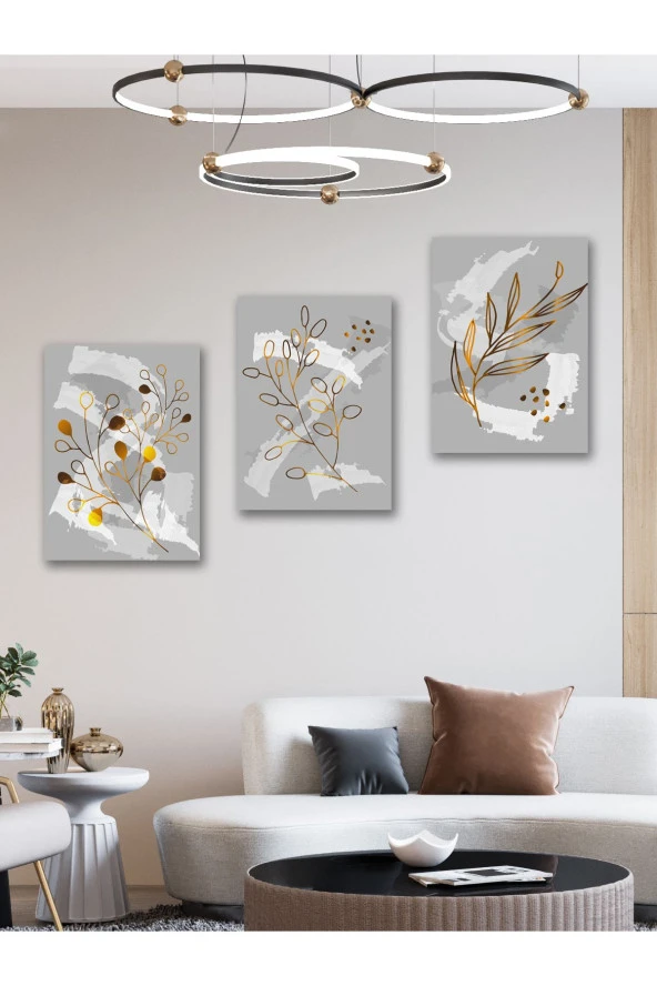 YALOVA SHOP Fırça İzlerine Minimalist Gold Bitki Dokunuşları Dekoratif 3 lü Tablo Seti - Resim 6
