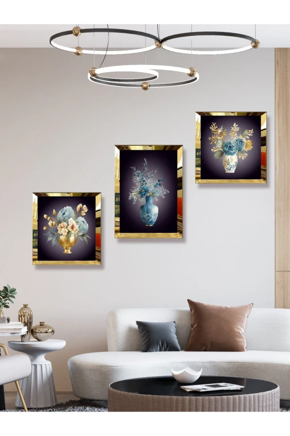 YALOVA SHOP Dekoratif Suluboya Vazolu Çiçek Çalışması,3 lü Tablo Seti (Pleksi Çerçeve Seçenekli) - Resim 3