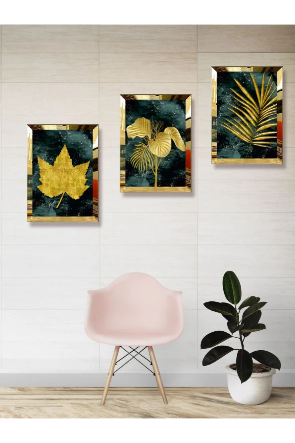 YALOVA SHOP Dekoratif Modern Sanat Tutkunları İçin Gold İle Yeşilin Muhteşem Uyumu (gold pleksi çerçeveli) - 3