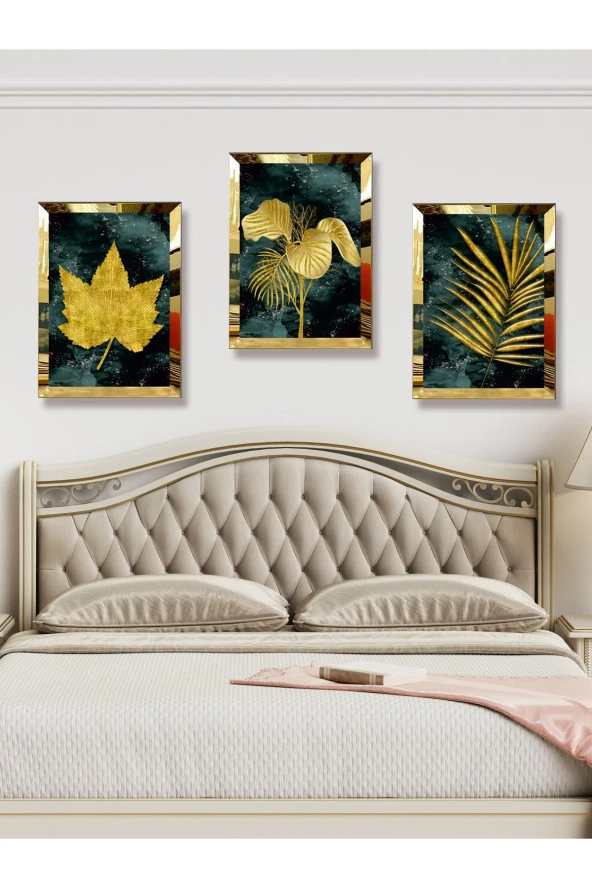 YALOVA SHOP Dekoratif Modern Sanat Tutkunları İçin Gold İle Yeşilin Muhteşem Uyumu (gold pleksi çerçeveli) - 5