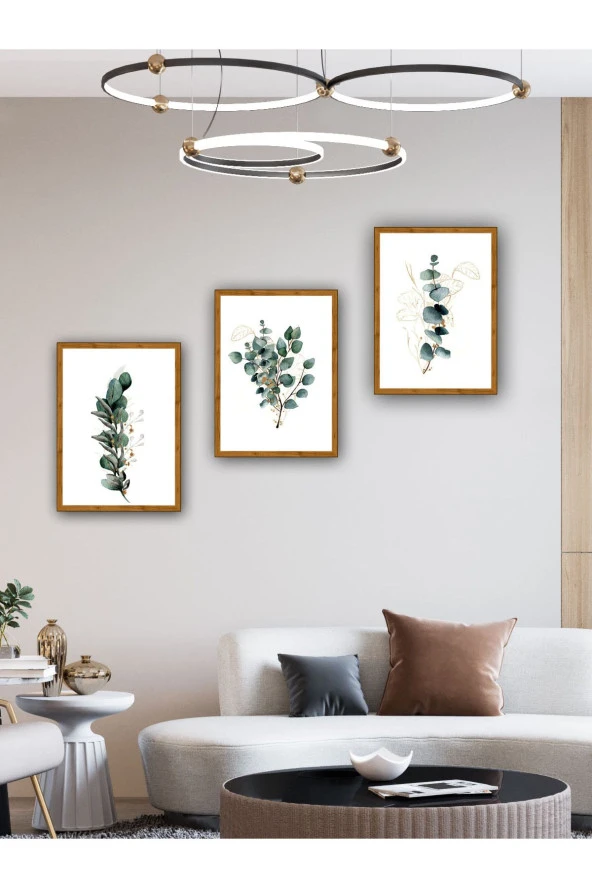 YALOVA SHOP Dekoratif Okaliptüs Dalları 3 lü Tablo Seti (Ahşap ceviz görünümlü çerçeve baskılı) 30 x 40 cm - 4