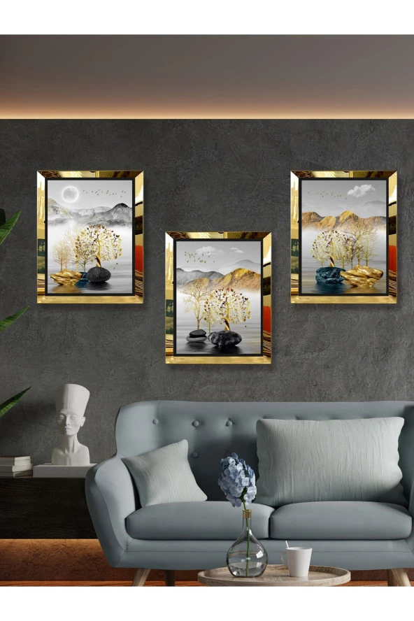 YALOVA SHOP Dekoratif Modern Sanatsal 3 lü Tablo Seti(pleksi çerçeve seçenekli)